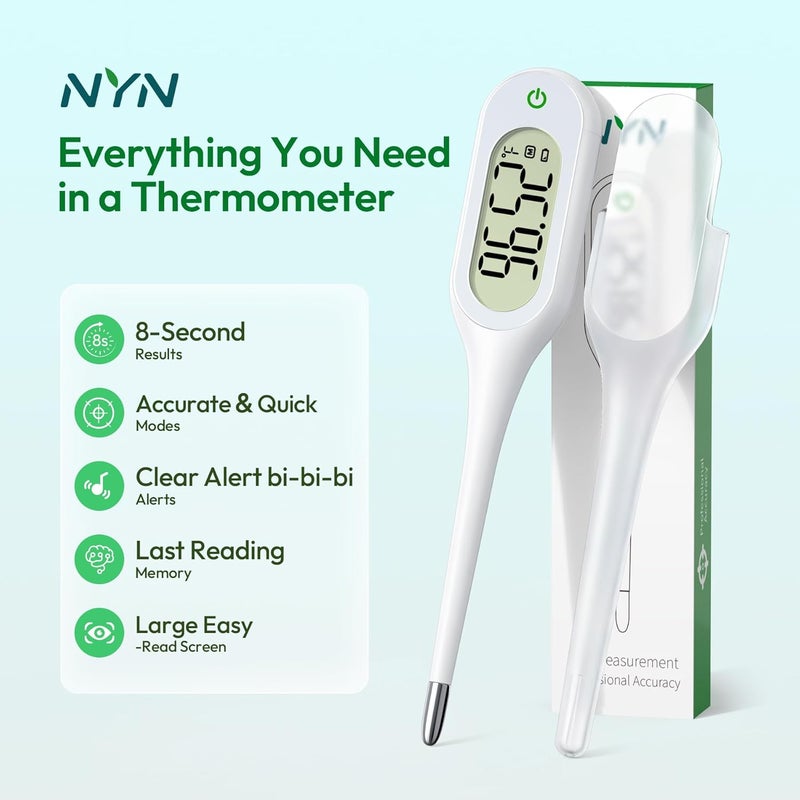 NYN 8-Second Thermometer for Adults & Kids, Fast & Accurate Reading, Fever Alarm, Pediatrician Recommended, Oral, Rectal & Axillary Use - Image 2